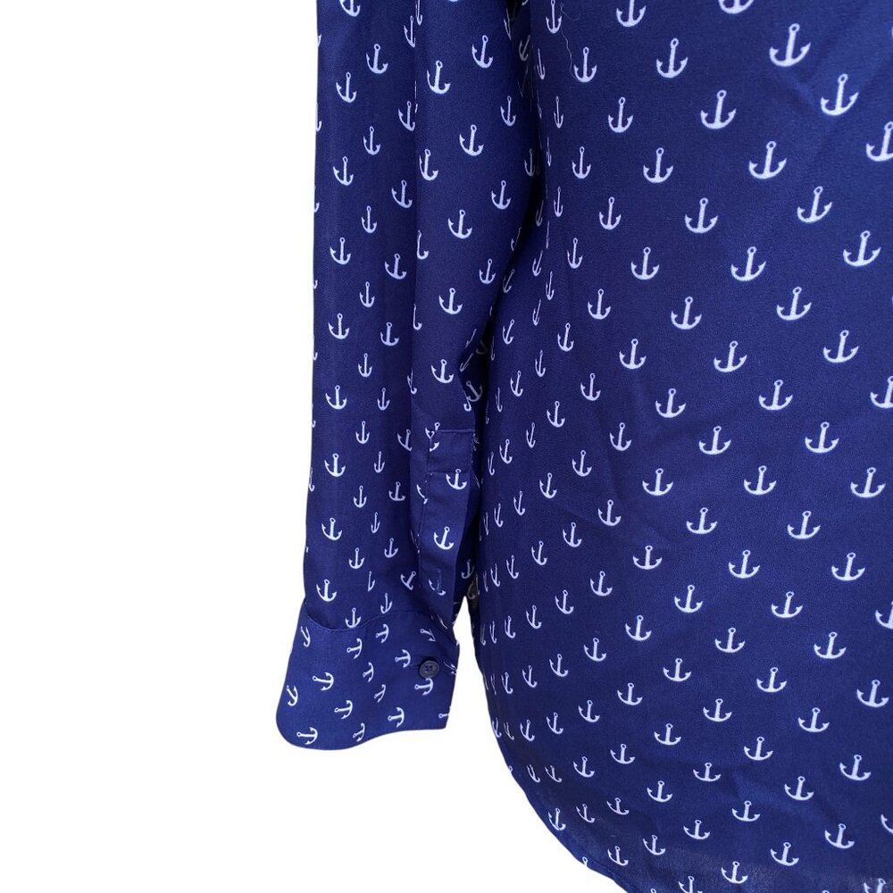 Express The Portofino Shirt Blue Nautical Anchor Print Roll Tab Coastal Preppy-L - Picture 11 of 15
